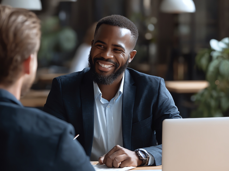 Man wearing blue suit providing financial advice to a client